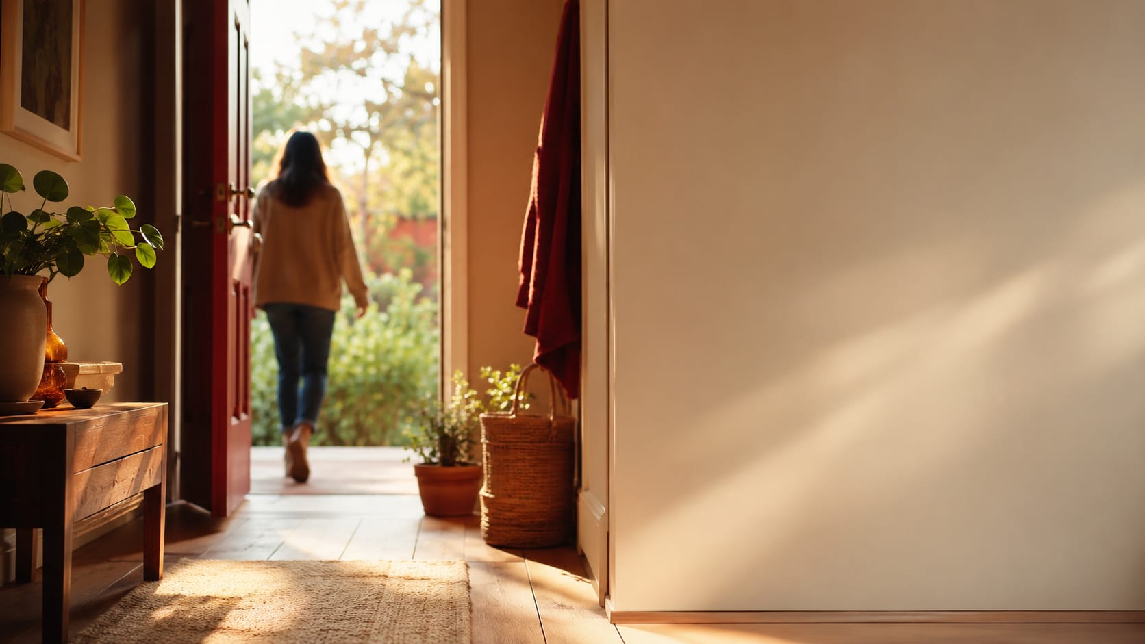 Couloir lumineux d'une maison ouvrant sur l'extérieur, vers de nouvelles possibilités
